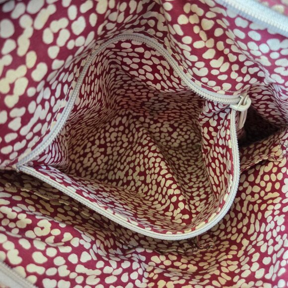 Fossil Tote Red Mod Floral Coated Canvas Keyper Bag Retro Boho Brown Leather - Picture 15 of 16